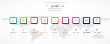 Infographic tasarım öğeleri iş verilerinizi 9 seçenekleri, parçalar, adımları, zaman çizelgeleri veya işlemler ile için. Vektör çizim. Nasa tarafından döşenmiş bu görüntü Dünya Haritası