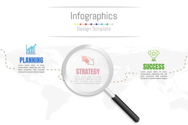 Infographic tasarım öğeleri iş verilerinizi 3 seçenekleri, parça, adımları, zaman çizelgeleri veya işlemleri ve şeffaf büyüteç ile için. Nasa, vektör çizim bir şekilde döşenmiş bu görüntü Dünya Haritası