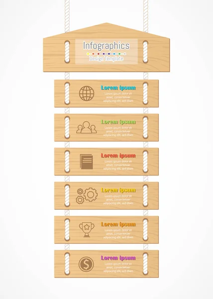 Infografische Gestaltungselemente für Ihre Geschäftsdaten mit 6 Optionen, Teilen, Schritten Timelines oder Prozesse. Holzschild-Konzept, Vektorillustration. — Stockvektor