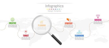 Infographic tasarım öğeleri iş verilerinizi 6 seçenekleri, parça, adımları, zaman çizelgeleri veya işlemleri ve şeffaf büyüteç ile için. Nasa, vektör çizim bir şekilde döşenmiş bu görüntü Dünya Haritası