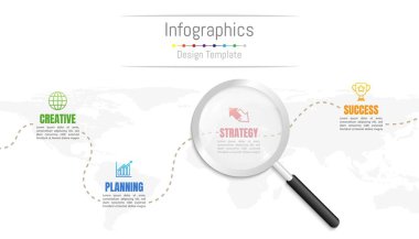 Infographic tasarım öğeleri iş verilerinizi 4 seçenekleri, parça, adımları, zaman çizelgeleri veya işlemleri ve şeffaf büyüteç ile için. Nasa, vektör çizim bir şekilde döşenmiş bu görüntü Dünya Haritası