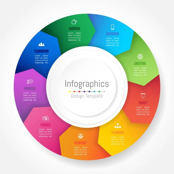 Infographic design elemei az üzleti adatok 9 lehetőségek, alkatrészek, lépések, ütemtervek vagy folyamatok, nyíl kerék kör alakja. Vektoros illusztráció. — Stock Vector