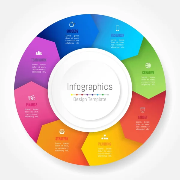 Elementos de design infográfico para seus dados de negócios com 8 opções, peças, passos, linhas do tempo ou processos, estilo de círculo de roda de seta. Ilustração vetorial . — Vetor de Stock