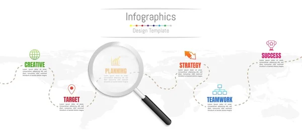 Infographic tasarım öğeleri iş verilerinizi 6 seçenekleri, parça, adımları, zaman çizelgeleri veya işlemleri ve şeffaf büyüteç ile için. Nasa, vektör çizim bir şekilde döşenmiş bu görüntü Dünya Haritası — Stok Vektör