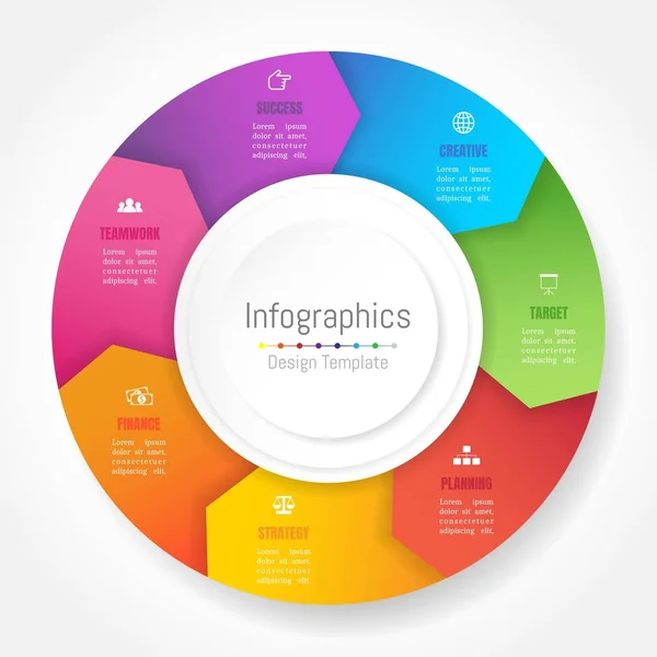 Infographic designelement för dina affärsdata med 7 alternativ, delar, steg, tidslinjer eller processer, hjulet cirkel pilformat. Vektorillustration. — Stock vektor