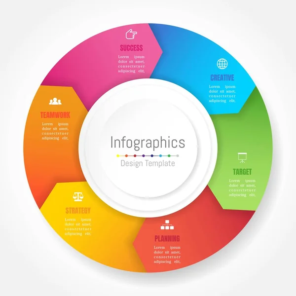 Infographic design elemei az üzleti adatok 6 lehetőségek, alkatrészek, lépések, ütemtervek vagy folyamatok, nyíl kerék kör alakja. Vektoros illusztráció. — Stock Vector