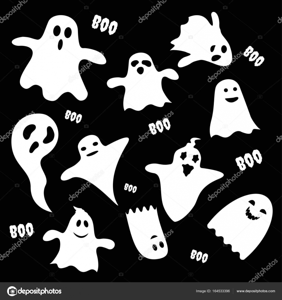 Download Set of scary white ghost characters on black background, Halloween holiday flat icon. Vector ...