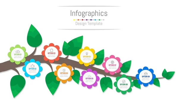 Infografische Gestaltungselemente für Ihre Geschäftsdaten mit 9 Optionen, Teilen, Schritten, Zeitachsen oder Prozessen, Blumen und Branchenkonzept. Vektorillustration. — Stockvektor