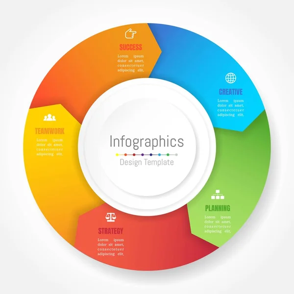 Éléments de conception d'infographie pour vos données d'entreprise avec 5 options, pièces, étapes, calendriers ou processus, style de cercle de roue de flèche. Illustration vectorielle . — Image vectorielle