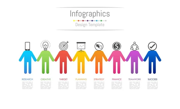 Infografische Gestaltungselemente für Ihre Geschäftsdaten mit 8 Optionen, Teilen, Schritten, Zeitachsen oder Prozessen, die Menschen miteinander verbinden. Vektorillustration. — Stockvektor