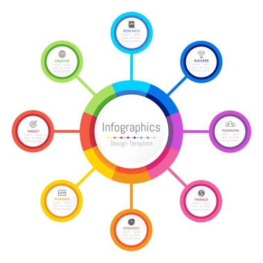 Infographic tasarım öğeleri iş verilerinizi 8 seçenekleri, parçalar, adımları, zaman çizelgeleri veya işlemler ile için. Vektör çizim.