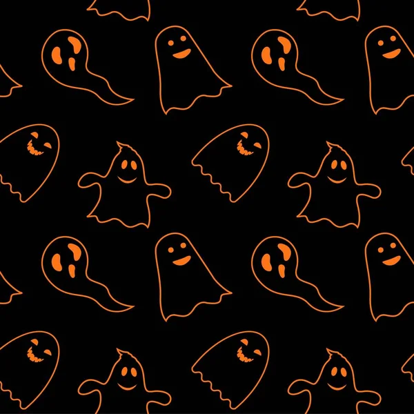 Modèle sans couture fond noir avec fantôme sans fin orange sur Halloween festive, illustration vectorielle — Image vectorielle