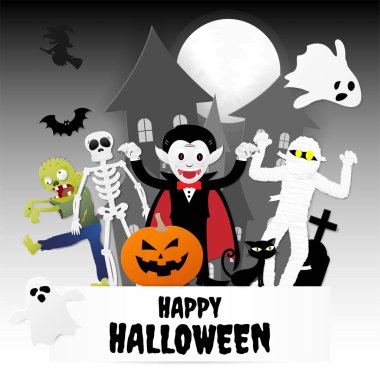 Mutlu halloween gece parti. Kabak, hayalet, dracula, iskelet, cadı, anne, zombi, kara kedi, yarasa ve kale, vektör çizim karikatür kağıt tarzda karakter kümesi.