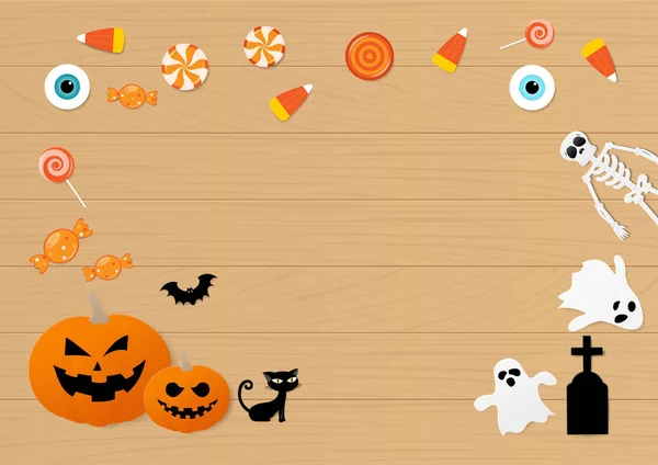 Ensemble joyeux Halloween de personnages en papier dessin animé avec citrouille, fantôme, squelette, chat noir, chauve-souris et bonbons sur la table en bois, vue horizontale d'en haut. Illustration vectorielle . — Image vectorielle