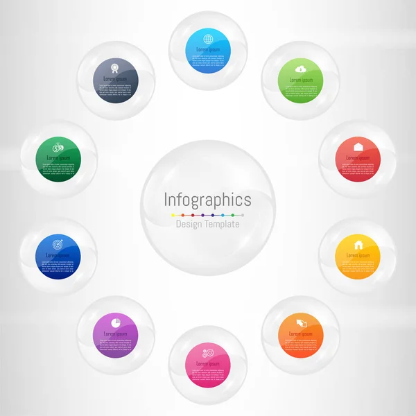 Elementos de diseño infográfico para sus datos empresariales con 10 opciones, piezas, pasos, líneas de tiempo o procesos. Concepto de esfera de vidrio transparente, ilustración vectorial . — Archivo Imágenes Vectoriales