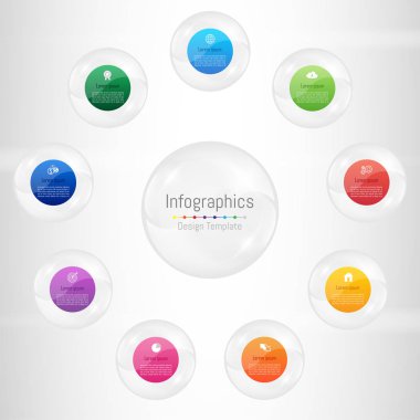 Infographic tasarım öğeleri iş verilerinizi 9 seçenekleri, parçalar, adımları, zaman çizelgeleri veya işlemler ile için. Şeffaf cam küre kavramı, vektör çizim.