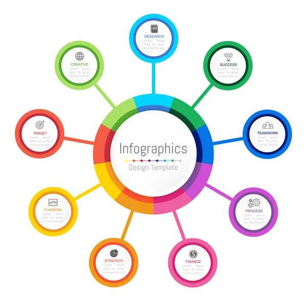 Infografische Gestaltungselemente für Ihre Geschäftsdaten mit 9 Optionen, Teilen, Schritten, Timelines oder Prozessen. Vektorillustration. — Stockvektor