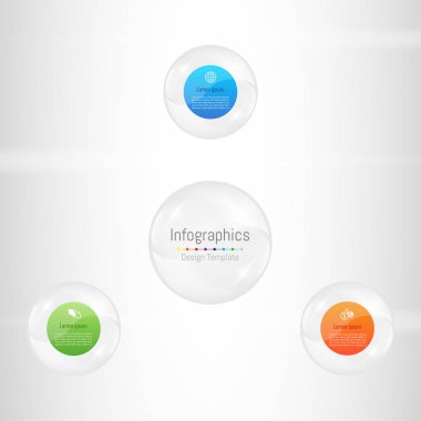 Infographic tasarım öğeleri iş verilerinizi 3 seçenekleri, parçalar, adımları, zaman çizelgeleri veya işlemler ile için. Şeffaf cam küre kavramı, vektör çizim.
