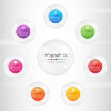 Infographic tasarım öğeleri iş verilerinizi 7 seçenekleri, parçalar, adımları, zaman çizelgeleri veya işlemleri ile için. Şeffaf cam küre kavramı, vektör çizim.