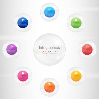 Infographic tasarım öğeleri iş verilerinizi 8 seçenekleri, parçalar, adımları, zaman çizelgeleri veya işlemler ile için. Şeffaf cam küre kavramı, vektör çizim.