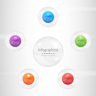 Infographic tasarım öğeleri iş verilerinizi 5 seçenekleri, parçalar, adımları, zaman çizelgeleri veya işlemler ile için. Şeffaf cam küre kavramı, vektör çizim.