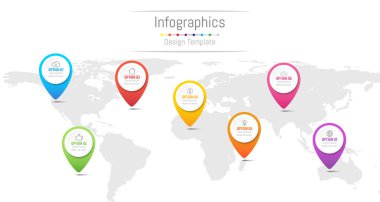 Infographic tasarım öğeleri iş verilerinizi 7 seçenekleri, parçalar, adımları, zaman çizelgeleri veya işlemler, gezinti pin kavramı ile için. Vektör çizim. Nasa tarafından döşenmiş bu görüntü Dünya Haritası
