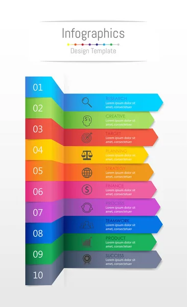 Infografische Gestaltungselemente für Ihre Geschäftsdaten mit 10 Optionen, Teilen, Schritten, Zeitachsen oder Prozessen, Haftpapier-Konzept. Vektorillustration. — Stockvektor