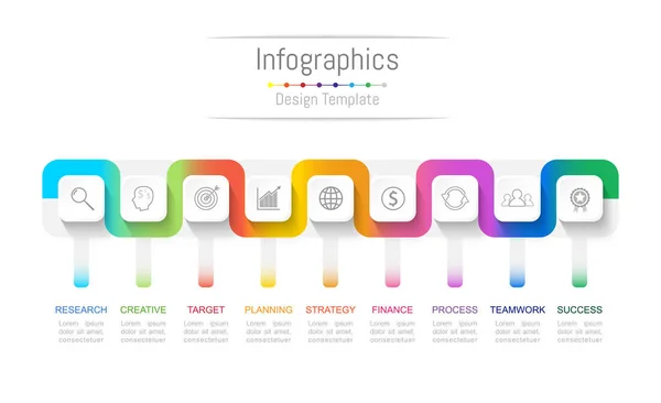 Infografische Gestaltungselemente für Ihre Geschäftsdaten mit 9 Optionen, Teilen, Schritten, Timelines oder Prozessen. Verbindungsleitungskonzept. Konzept Verbindungslinie, Vektorabbildung. — Stockvektor