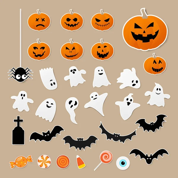 Ensemble joyeux Halloween de personnages dans le style autocollant de dessin animé avec citrouille, araignée, fantôme, chauve-souris et bonbons sur fond de papier. Illustration vectorielle . — Image vectorielle