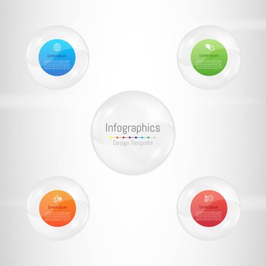 Infographic tasarım öğeleri iş verilerinizi 4 seçenekleri, parçalar, adımları, zaman çizelgeleri veya işlemler ile için. Şeffaf cam küre kavramı, vektör çizim.