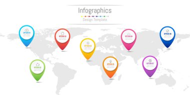 Infographic tasarım öğeleri iş verilerinizi 8 seçenekleri, parçalar, adımları, zaman çizelgeleri veya işlemler, gezinti pin kavramı ile için. Vektör çizim. Nasa tarafından döşenmiş bu görüntü Dünya Haritası