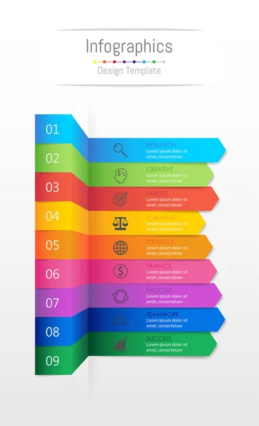 Infographic designelement för dina affärsdata med 9 alternativ, delar, steg, tidslinjer eller processer, fästis papper koncept. Vektorillustration. — Stock vektor