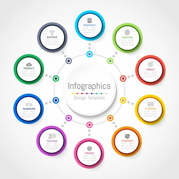 Infografische Gestaltungselemente für Ihre Geschäftsdaten mit 10 Optionen, Teilen, Schritten, Zeitachsen oder Prozessen, Kreisrundkonzept. Vektorillustration. — Stockvektor
