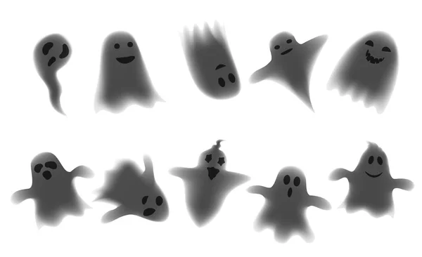 Sett med skumle spøkelsesfigurer på hvit bakgrunn for halloweenfestivalen, vektorillustrasjon – stockvektor