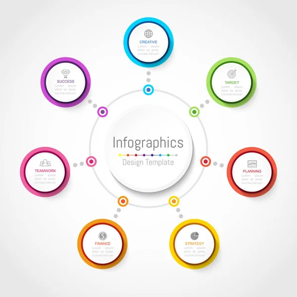 Infographic ontwerpelementen voor uw bedrijfsgegevens met 7 opties, delen, stappen, tijdlijnen of processen, cirkel rond concept. Vectorillustratie. — Stockvector