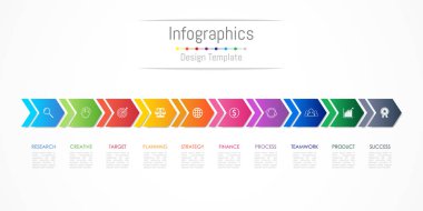 Infographic tasarım öğeleri için iş verilerinizi 10 seçenekleri, parçalar, adımları, zaman çizelgeleri veya işlemler ile ok kavramı bağlayın. Vektör çizim