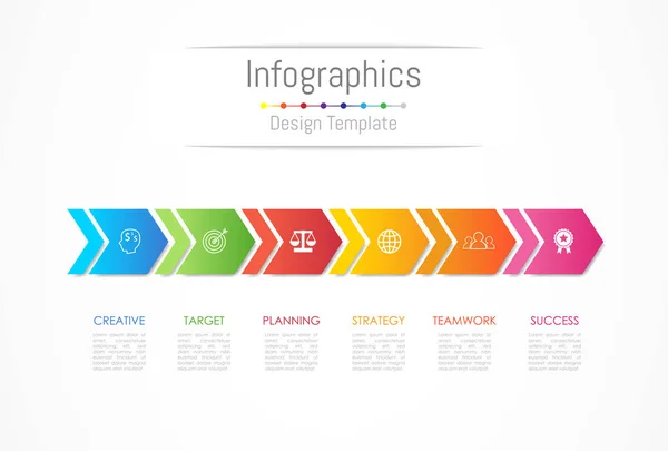 Infographic tasarım öğeleri için iş verilerinizi 6 seçenekleri, parçalar, adımları, zaman çizelgeleri veya işlemler ile ok kavramı bağlayın. Vektör çizim — Stok Vektör