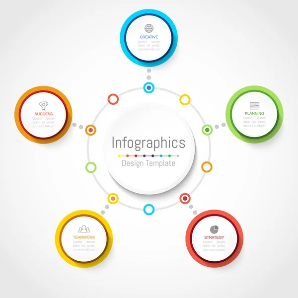 Infographic ontwerpelementen voor uw bedrijfsgegevens met 5 opties, delen, stappen, tijdlijnen of processen, cirkel rond concept. Vectorillustratie. — Stockvector