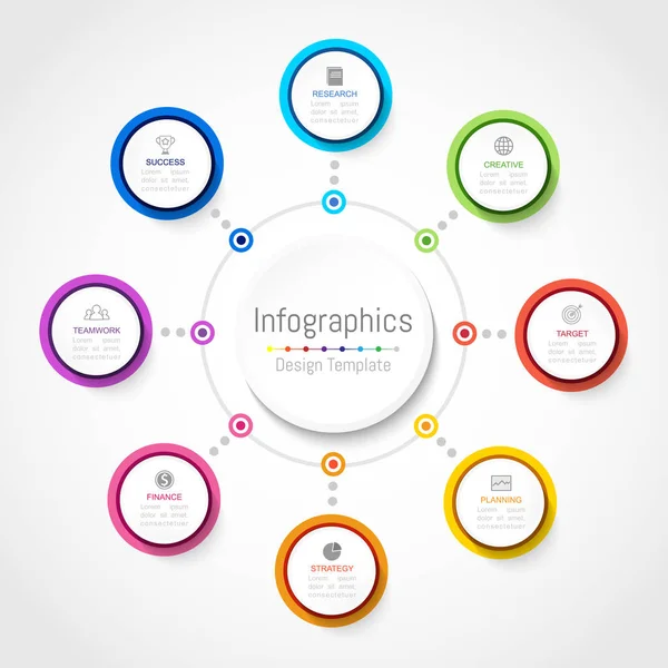 Elementos de diseño infográfico para sus datos empresariales con 8 opciones, piezas, pasos, líneas de tiempo o procesos, concepto circular. Ilustración vectorial . — Archivo Imágenes Vectoriales