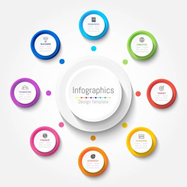 Infographic tasarım öğeleri iş verilerinizi 8 seçenekleri, parçalar, adımları, zaman çizelgeleri veya işlemler ile için. Vektör çizim.