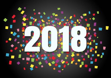 Mutlu yeni yıl 2018 metin şekli tasarlamak vektör çizim degrade siyah arka plan üzerinde renkli konfeti ile