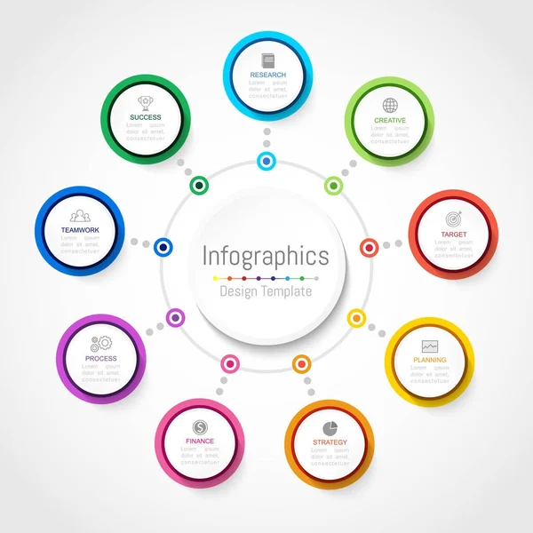 Infografische Gestaltungselemente für Ihre Geschäftsdaten mit 9 Optionen, Teilen, Schritten, Zeitachsen oder Prozessen, Kreisrundkonzept. Vektorillustration. — Stockvektor