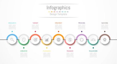 Infographic tasarım öğeleri iş verilerinizi 9 seçenekleri, parçalar, adımları, zaman çizelgeleri veya işlemler ile için. Vektör çizim.