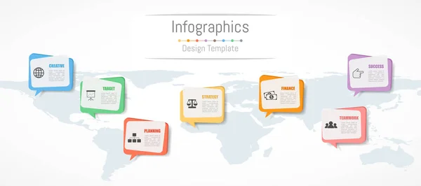 Infografik-Design für Ihre Geschäftsdaten mit 7 Optionen, Teilen, Schritten, Timelines oder Prozessen. Kommunikations-Netzwerk-Konzept, Vektorillustration. Weltkarte dieses Bildes von nasa — Stockvektor