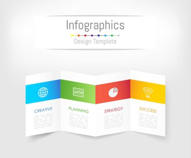 Infographic tasarım öğeleri iş verilerinizi 4 seçenekleri, parçalar, adımları, zaman çizelgeleri veya işlemler ile için. Broşür kağıt kavramı, vektör çizim.