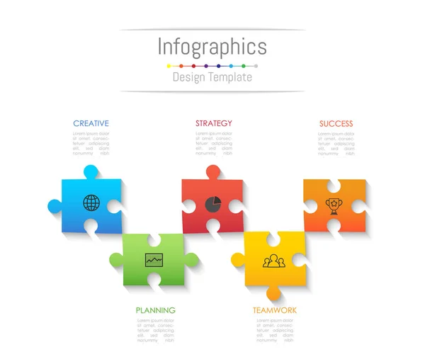 Infografische Gestaltungselemente für Ihre Geschäftsdaten mit 5 Optionen, Teilen, Schritten, Timelines oder Prozessen. Puzzle-Konzept, Vektorillustration. — Stockvektor