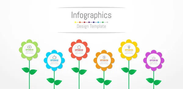 Infographic στοιχεία σχεδιασμού για τα επαγγελματικά δεδομένα με 6 επιλογές, τμήματα, βήματα, χρονοδιαγράμματα ή διαδικασίες, λουλούδια έννοια. Εικονογράφηση διάνυσμα. — Διανυσματικό Αρχείο