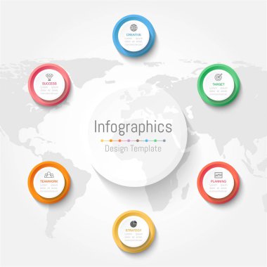 Infographic tasarım öğeleri iş verilerinizi 6 seçenekleri, parçalar, adımları, zaman çizelgeleri veya işlemler ile için. Vektör çizim. Nasa tarafından döşenmiş bu görüntü Dünya Haritası
