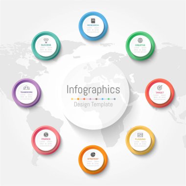Infographic tasarım öğeleri iş verilerinizi 8 seçenekleri, parçalar, adımları, zaman çizelgeleri veya işlemler ile için. Vektör çizim. Nasa tarafından döşenmiş bu görüntü Dünya Haritası
