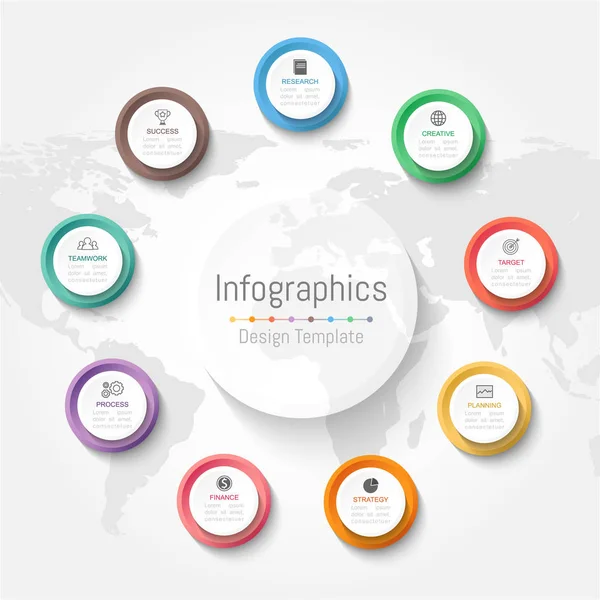 Elementos de diseño infográfico para sus datos empresariales con 9 opciones, piezas, pasos, líneas de tiempo o procesos. Ilustración vectorial. Mapa mundial de esta imagen suministrado por NASA — Archivo Imágenes Vectoriales